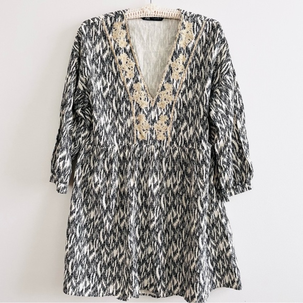 [ZARA] Cotton Linen Ikat Pattern Embroidered + Beaded Floral V Neck Dress